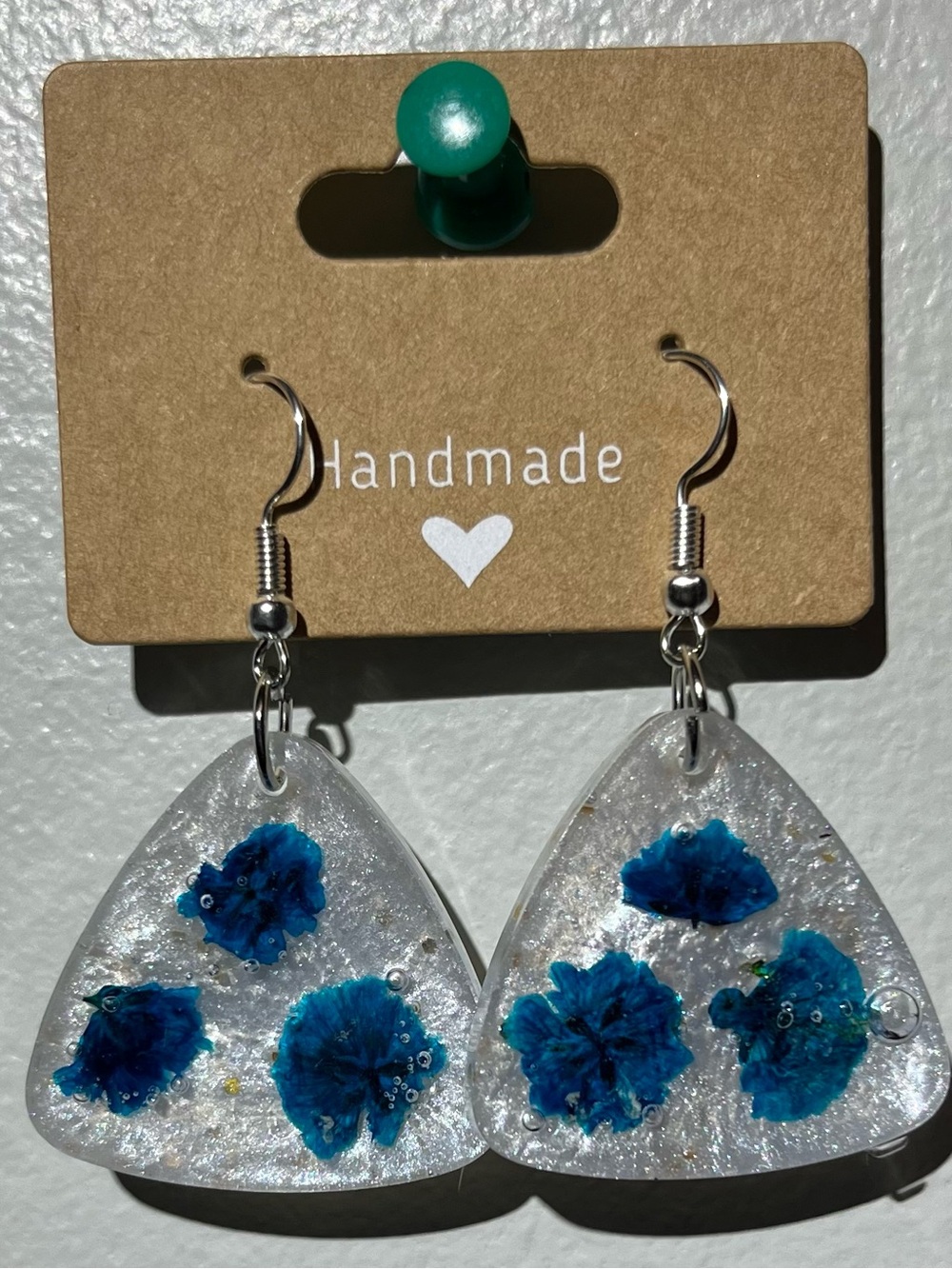 Handmade Clear Resin Triangle Earrings with Blue Floral Inlays